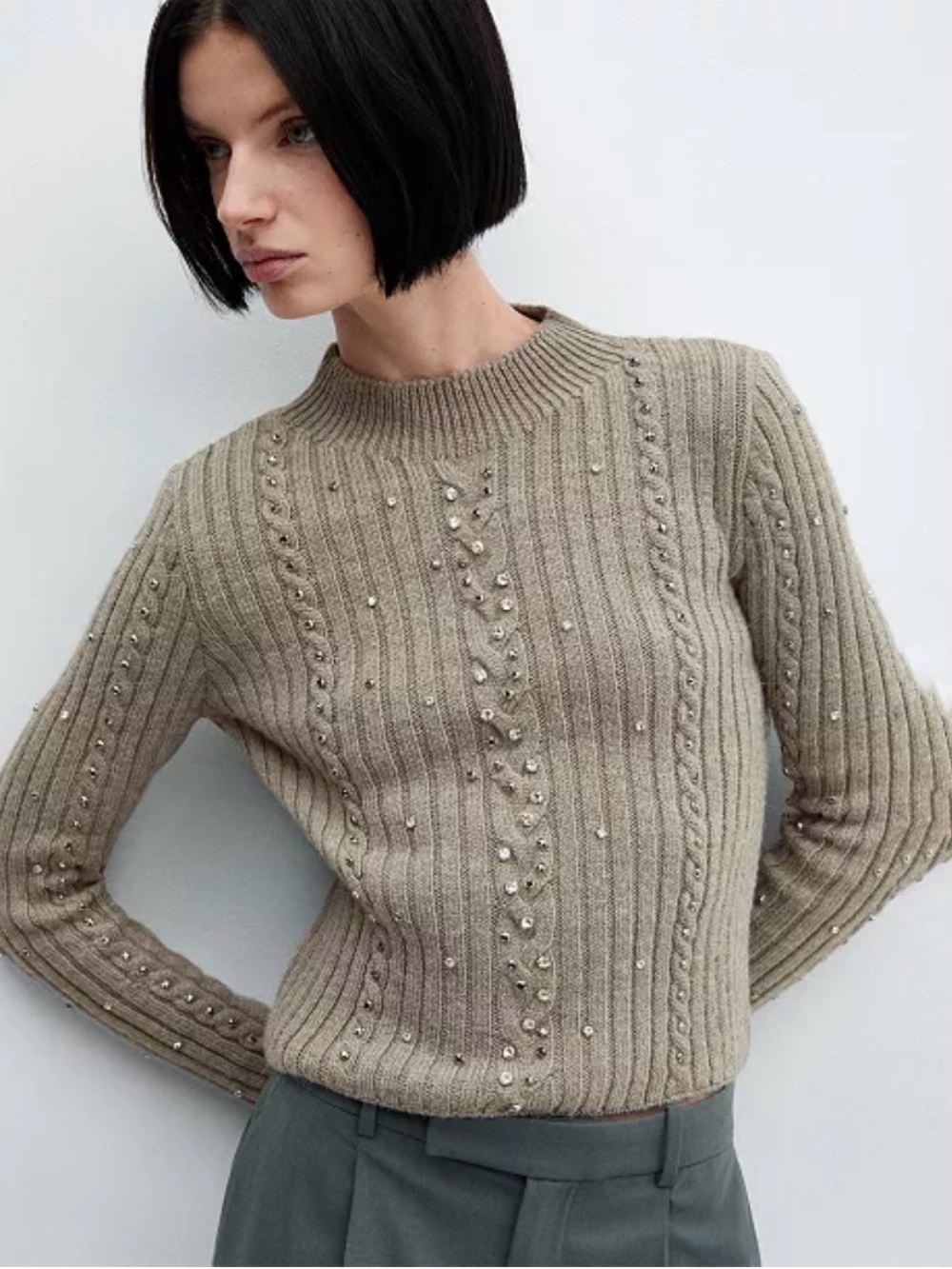 Mango Beaded Rib-Trim Crewneck Sweater in Taupe